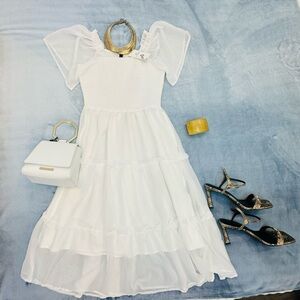 White Puff-Sleeve Midi Dress
